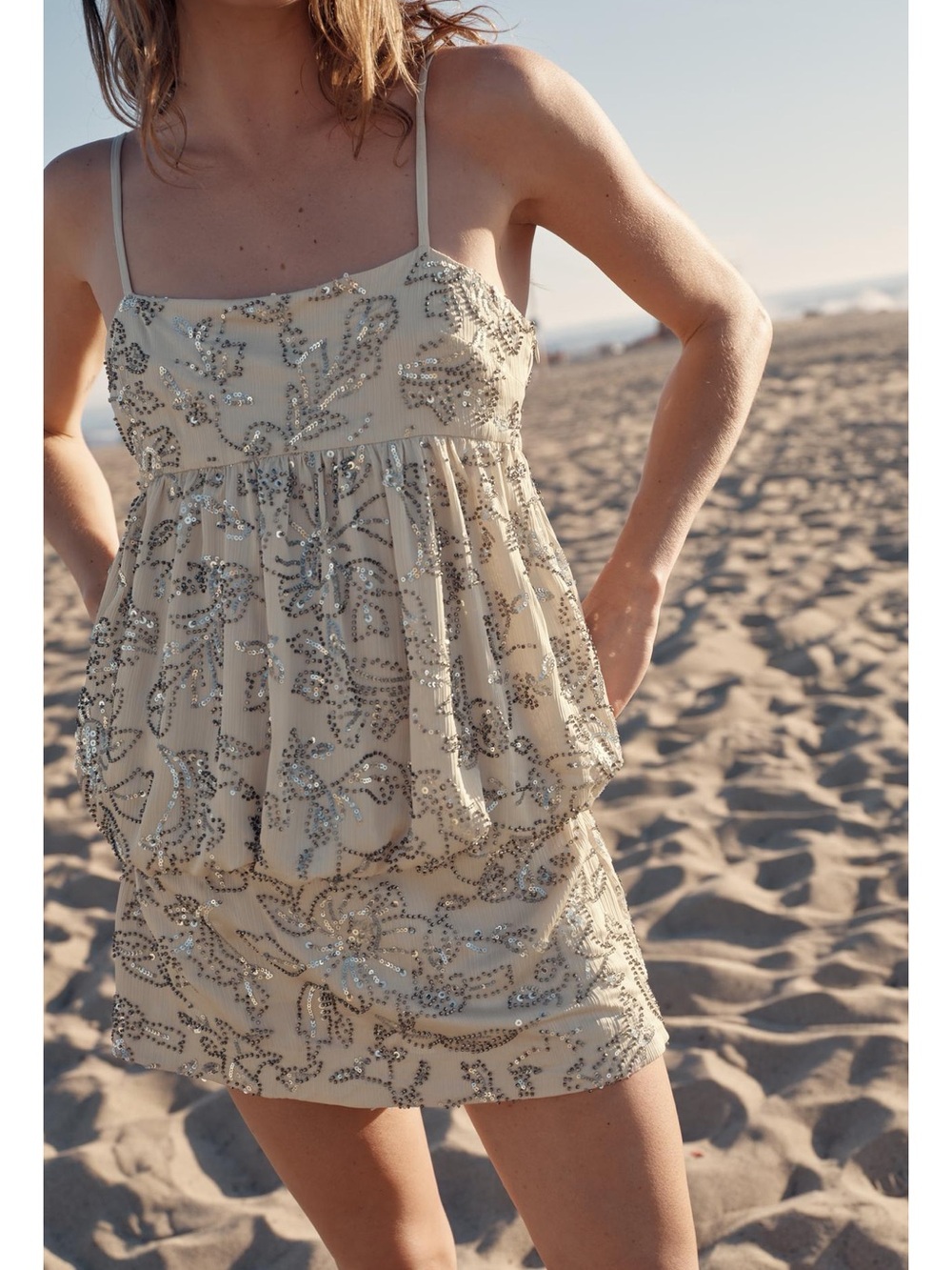 Strapless Cream Sequin Babydoll Mini Dress